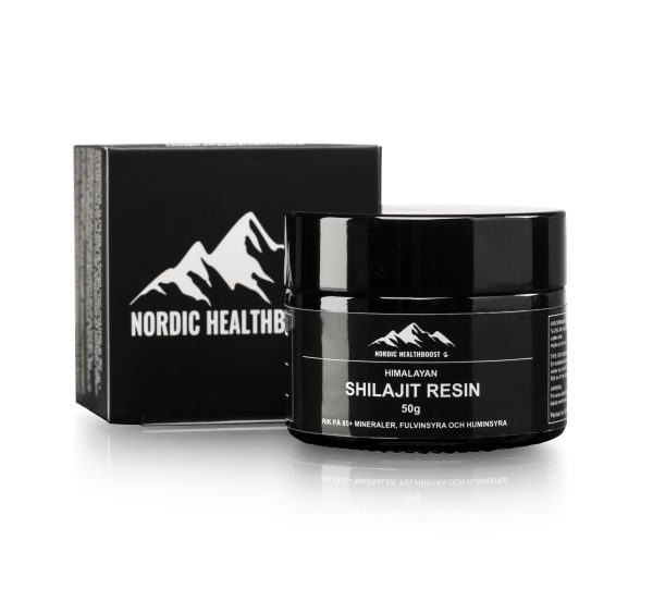 Nordic Healthboost Himalayan Shilajit 50g, burk och låda.