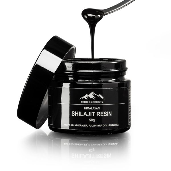 Nordic Healthboost Himalayan Shilajit 50g, burk och sked med shilajit på.